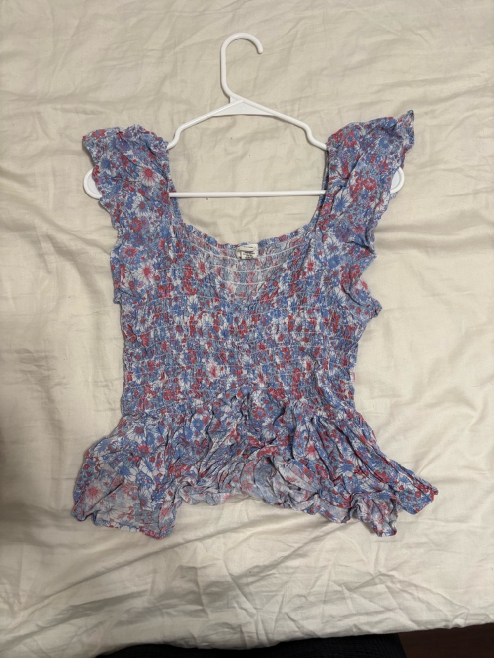Joyous Floral Smocked Ruffle Top - Blue & Pink